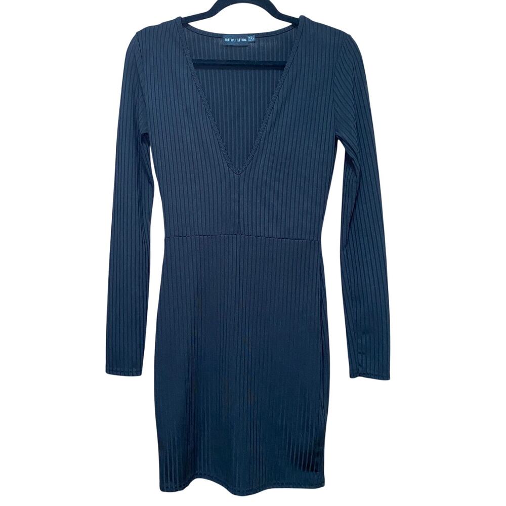 PrettyLittleThing - Black Vertical Stripe V-Neck Dress